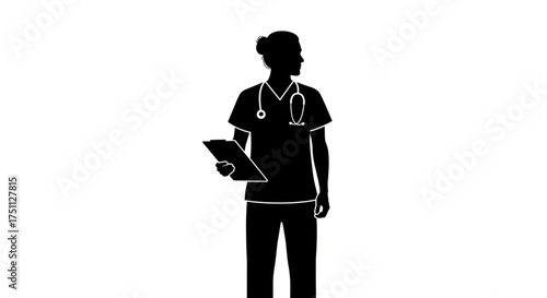 Silhouette of a female doctor holding a clipboard, wearing scrubs and a stethoscope