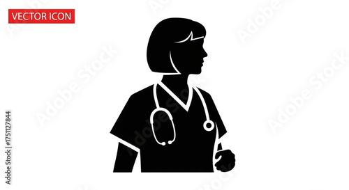 Silhouette of a female doctor with stethoscope, looking away from the viewer in a vector icon