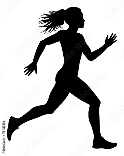 Female Athlete Running Silhouette Vector Black and White Outline Line Art Drawing Side View Speed Motion Dynamic