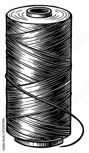 Spool of Thread Yarn Bobbin Sewing Tailor Supply Black and White Outline Line Art Drawing Engraving