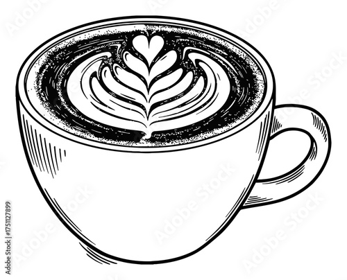 Coffee Cup with Latte Art Rosette Heart Design Vintage Black and White Outline Line Art Drawing