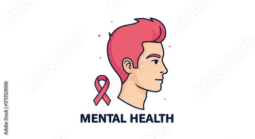 Man with pink hair and ribbon for mental health awareness promoting wellbeing and psychological support