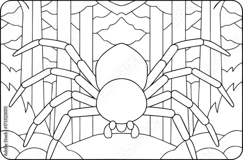 A big eight legged spider rests on the ground with tall trees and mountain peaks in the distance