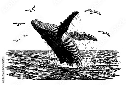 Humpback Whale Breaching Sea Landscape Detailed Black and White Outline Line Art Drawing with Seagulls