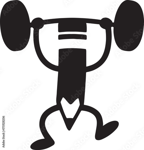 Cartoon pencil character lifting weights silhouette isolated on white background