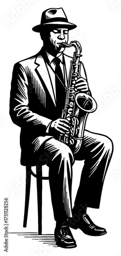 Classy Man in Suit and Hat Playing Saxophone While Sitting Black and White Outline Line Art Drawing