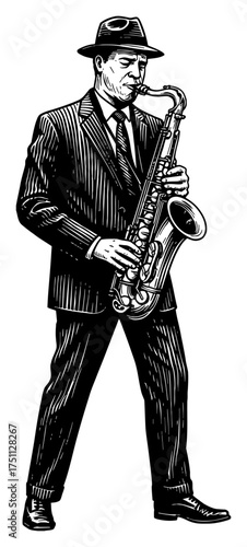 Full Body Man Pinstripe Suit and Fedora Hat Playing Saxophone Black and White Outline Line Art Drawing Etching