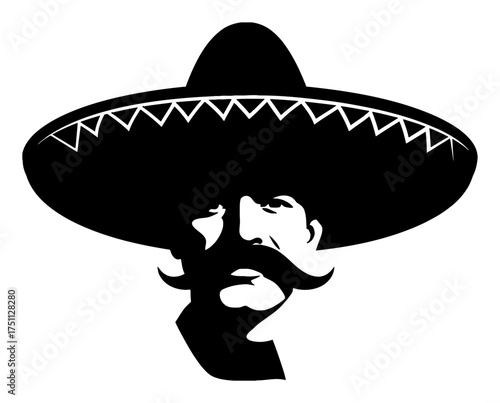 Mexican Man Sombrero Moustache Head Portrait Simple Silhouette Black and White Outline Line Art Drawing