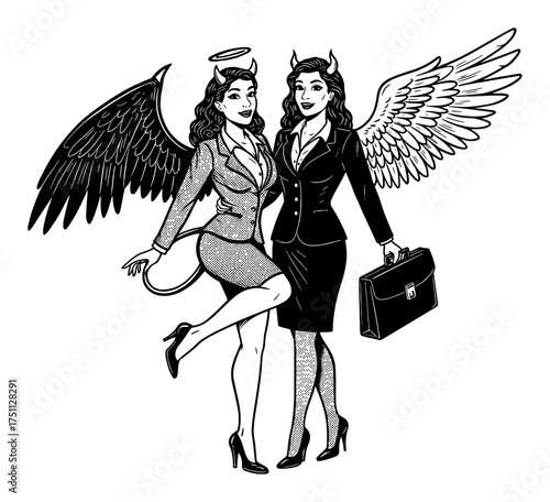 Retro Pinup Woman Devil Wings and Angel Wings Office Suit Smiling Black and White Outline Line Art Drawing