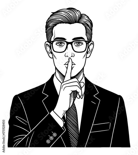 Portrait of Handsome Man in Suit Making Silence Hand Gesture Black and White Outline Line Art Drawing