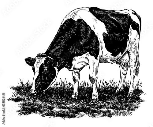 Dairy Cow Eating Grass in a Field Black and White Outline Line Art Drawing Vector Illustration