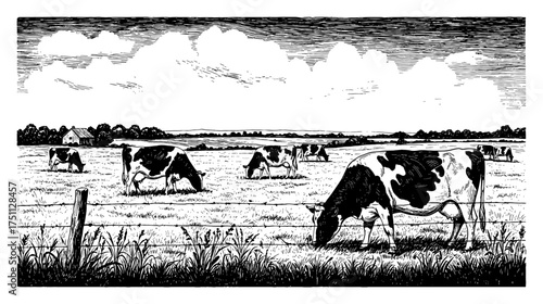 Field Landscape with Dairy Cows Grazing Grass Farm Scene Black and White Outline Line Art Drawing