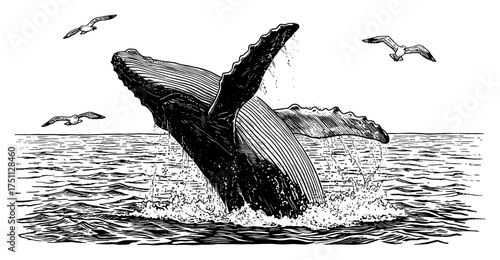 Detailed Humpback Whale Breaching from Sea Water with Seagulls Flying Black and White Outline Line Art Drawing