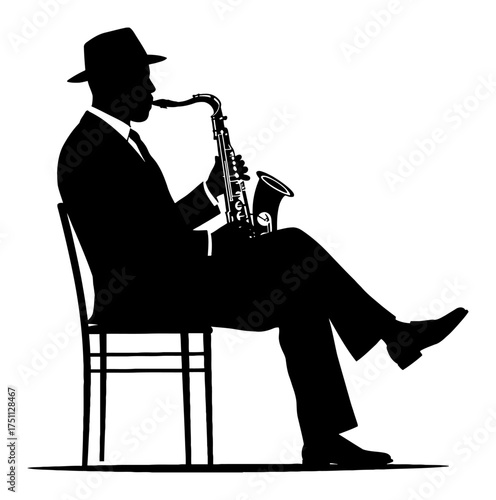Man in Suit and Hat Playing Saxophone While Sitting Simple Silhouette Black and White Outline Line Art Drawing