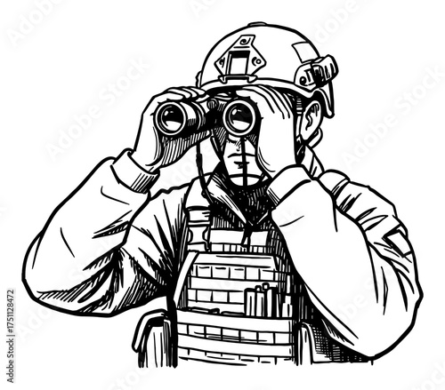 Focused Military Man in Tactical Suit Looking Through Binoculars Black and White Outline Line Art Drawing