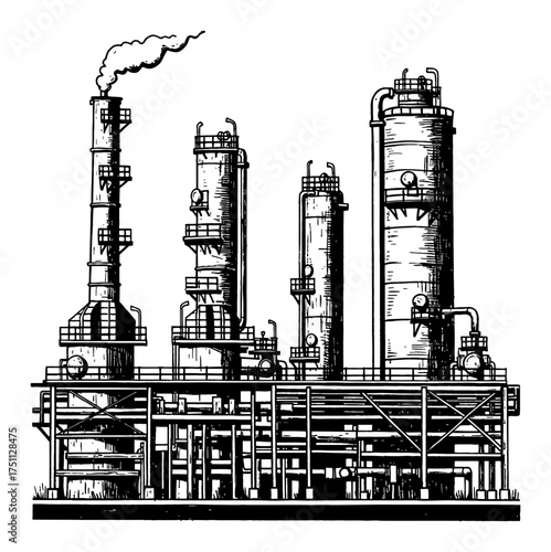 Oil Refinery Plant with Pipelines Black and White Outline Line Art Drawing Vector Illustration Sketch