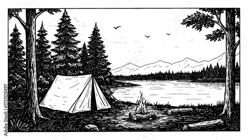 Serene Camping Scene Featuring Tent Lake Trees Landscape Coloring Book Style Black and White Outline Line Art Drawing
