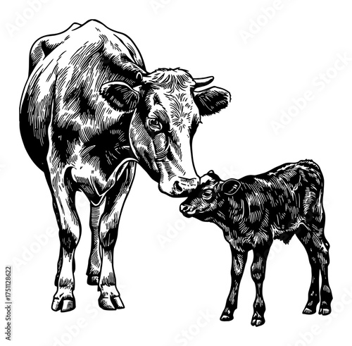 Cow and Calf Nose to Nose Showing Affection Full Body Simple Style Black and White Outline Line Art Drawing