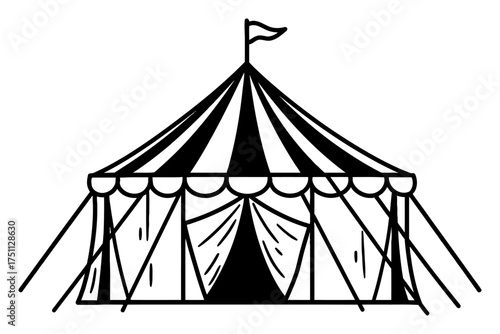 Circus Tent Big Top Structure Black and White Outline Line Art Drawing with Flag Detailed Illustration