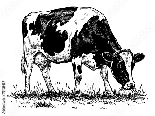 Holstein Dairy Cow Grazing Grass in Field Isolated Retro Vintage Black and White Outline Line Art Drawing