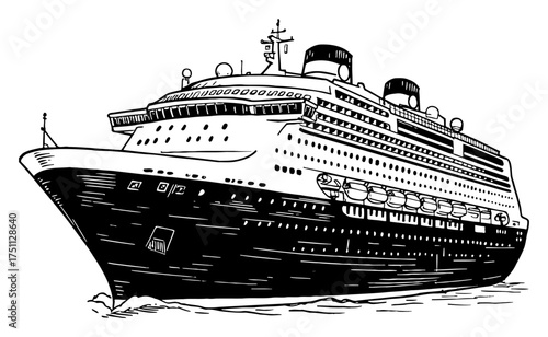Detailed Luxury Cruise Ship Passenger Liner Sailing Black and White Outline Line Art Drawing Travel Vector