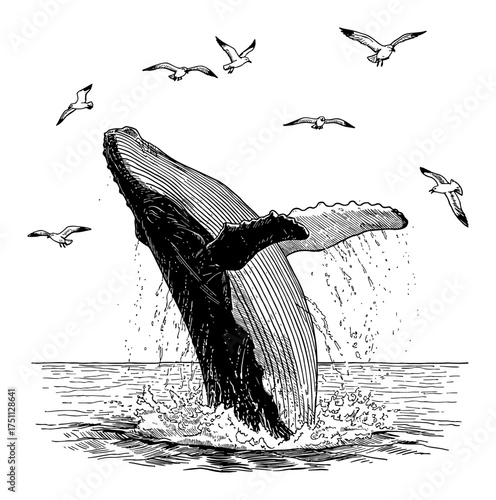 Detailed Humpback Whale Breaching from the Sea with Seagulls Black and White Outline Line Art Drawing