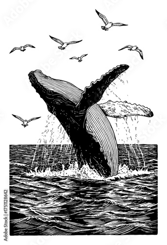 Detailed sea landscape with humpback whale breaching and seagulls Black and White Outline Line Art Drawing