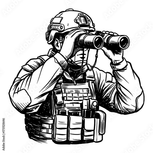 Focused military man in tactical suit looking through binoculars Black and White Outline Line Art Drawing