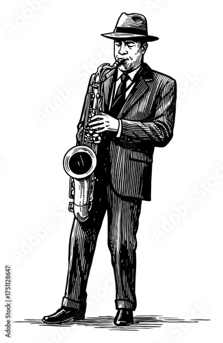 Man in Suit and Hat Playing Saxophone Black and White Outline Line Art Drawing Isolated Vector