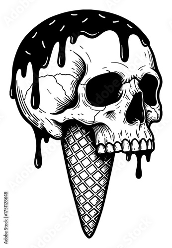 Creepy Melting Skull Ice Cream Cone Dripping Dessert Black and White Outline Line Art Drawing