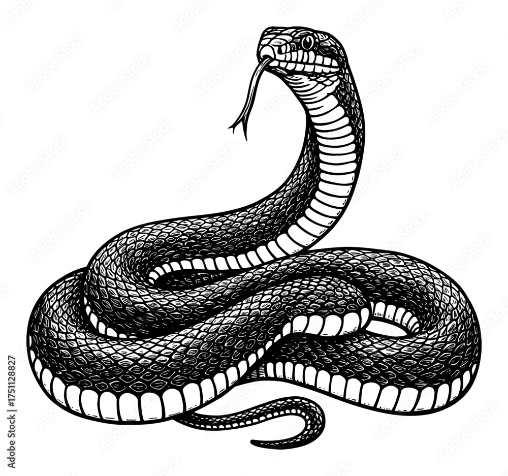 Fototapeta premium Aggressive Coiled Snake with Tongue Out Black and White Outline Line Art Drawing Vintage Engraving Style