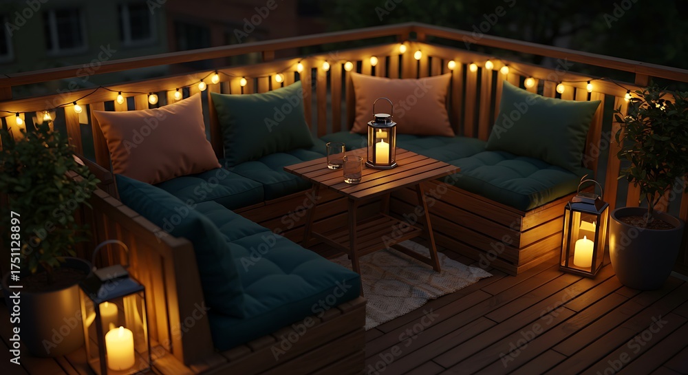 Fototapeta premium Cozy Outdoor Seating Area with String Lights and Lanterns at Dusk.