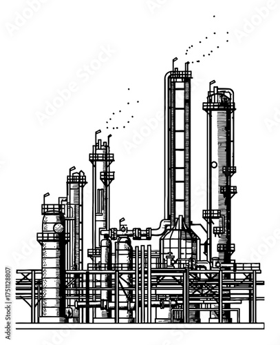 Oil Refinery Plant Facility with Complex Pipelines Black and White Outline Line Art Drawing Engraving