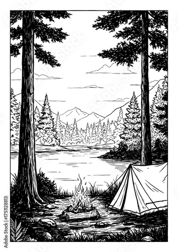 Serene Camping Scene Tent Lake Trees Landscape Coloring Book Style Black and White Outline Line Art Drawing