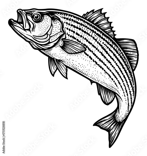 Striped Bass Fish Dramatic Jump Action Black and White Outline Line Art Drawing Vintage Illustration