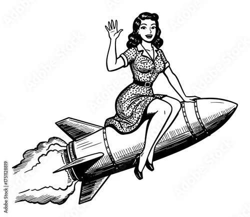 Pinup Girl in Vintage Dress Sitting on Flying Rocket Missile Waving Hand Black and White Outline Line Art Drawing