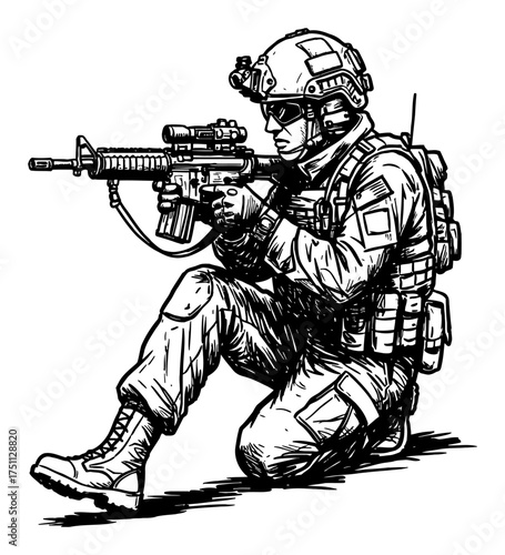 Military Soldier Crouching Aiming Rifle Tactical Gear Helmet Black and White Outline Line Art Drawing