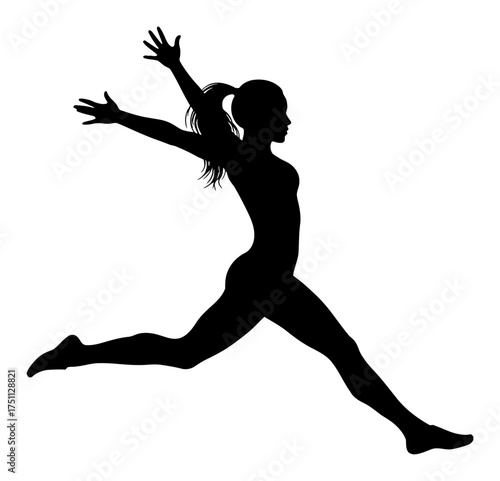 Dynamic Woman Jumping Pose Silhouette Vector Style Black and White Outline Line Art Drawing