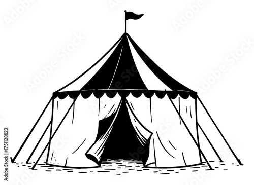 Classic Circus Tent Big Top Structure with Flag Black and White Outline Line Art Drawing Engraving