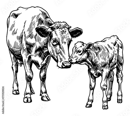 Mother Cow and Calf Nose to Nose Showing Affection Full Body Simple Style Black and White Outline Line Art Drawing