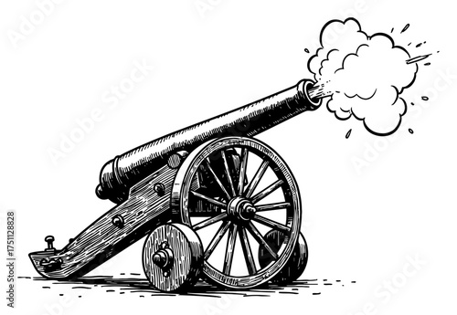 Retro Cannon Firing Smoke Effect Black and White Outline Line Art Drawing Isolated Antique Weapon