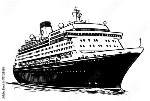Detailed Cruise Ship Ocean Liner Water Transport Travel Vintage Black and White Outline Line Art Drawing
