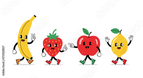 A group of walking cartoon fruits including a banana strawberry apple and lemon.