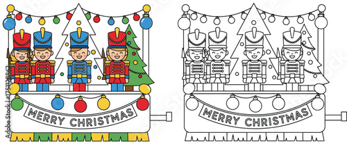 A joyful Christmas parade float featuring smiling toy soldiers, a festive tree, colorful ornaments, and a 'Merry Christmas' banner in a charming flat design style.