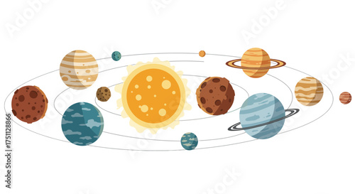 Cartoon Solar System with Planets Orbiting the Sun Illustration