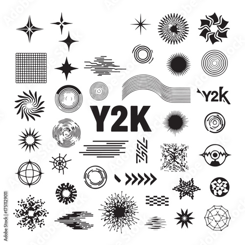 Retro-futuristic Y2K vector shape collection. Features abstract icons, globes, stars, grids, and tech-inspired elements. Ideal for digital designs, posters, and streetwear graphics.