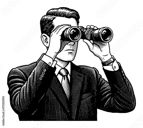 Focused man in suit looking through binoculars Black and White Outline Line Art Drawing Vintage Style