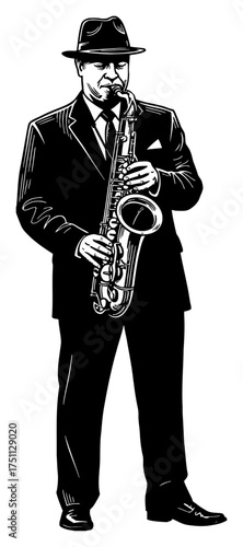 Elegant Man in Suit and Hat Playing Saxophone Silhouette Vintage Style Black and White Outline Line Art Drawing