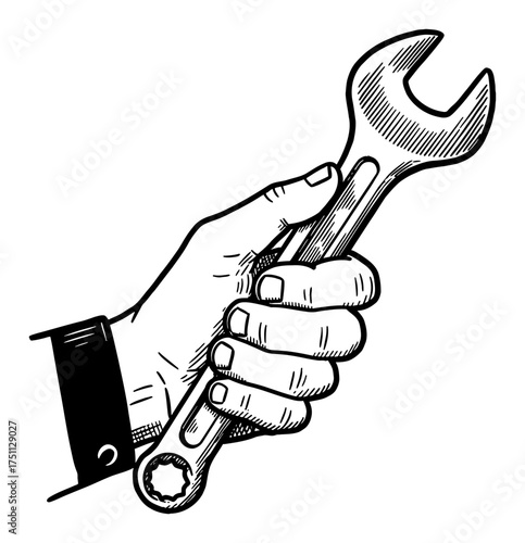 Human Hand Holding a Wrench Tool Service Repair Maintenance Symbol Black and White Outline Line Art Drawing