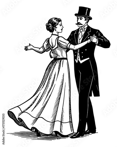 Elegant Couple Dancing Formal Wear Gentleman Top Hat Vintage Dress Black and White Outline Line Art Drawing